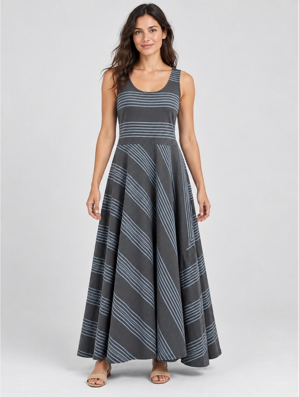 Patagonia Women’s L Splendor Gray Blue Striped Organic Cotton Maxi Dress